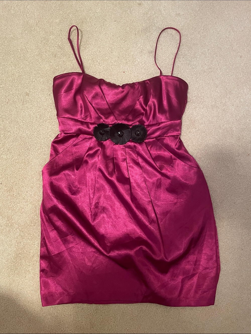 Sleeveless Satin Spaghetti-Strap Dress in Fuchsia SO FLATTERING w/pockets!